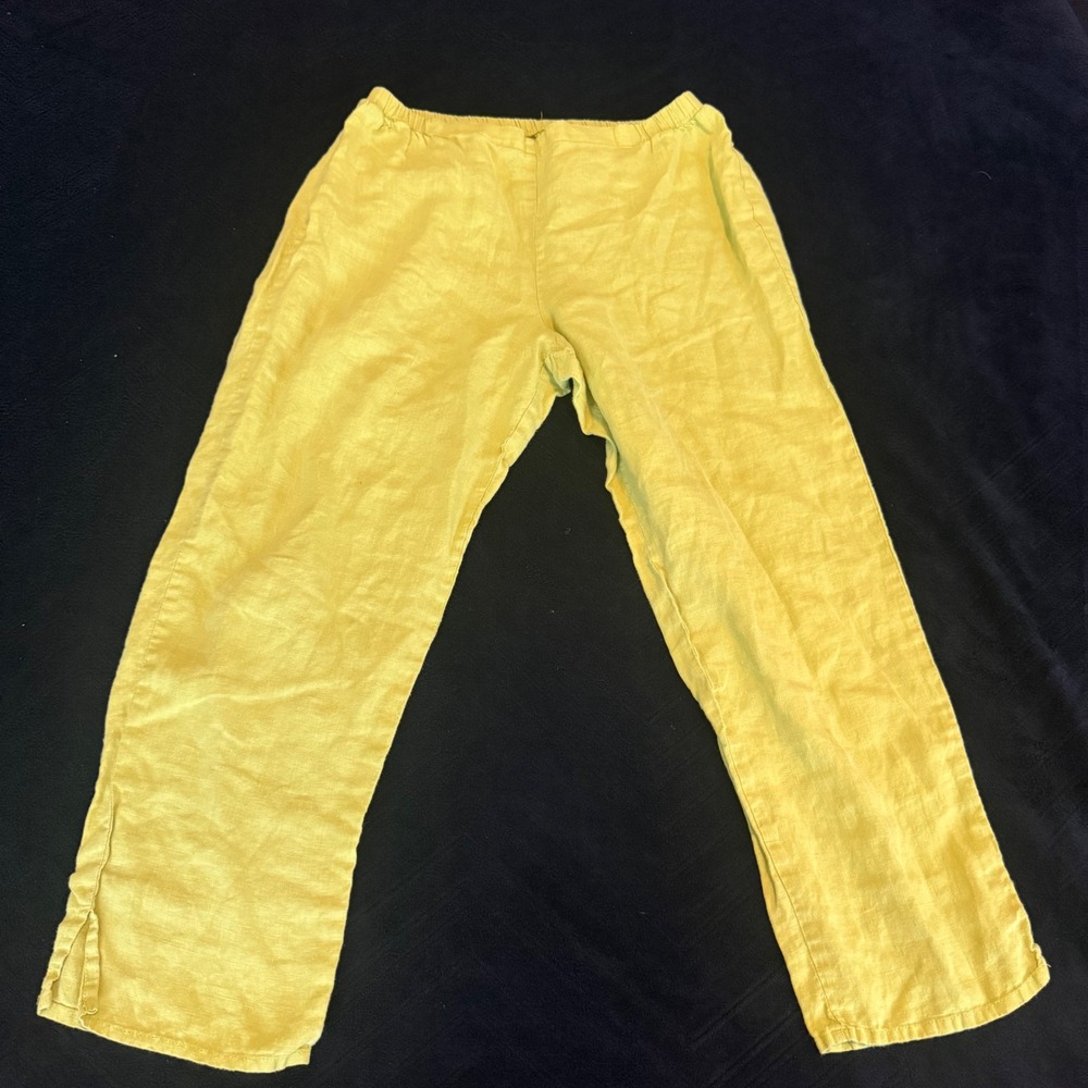 FLAX Women Lime Green 100% Linen Elastic Waist Straight Leg Crop Pants Size S